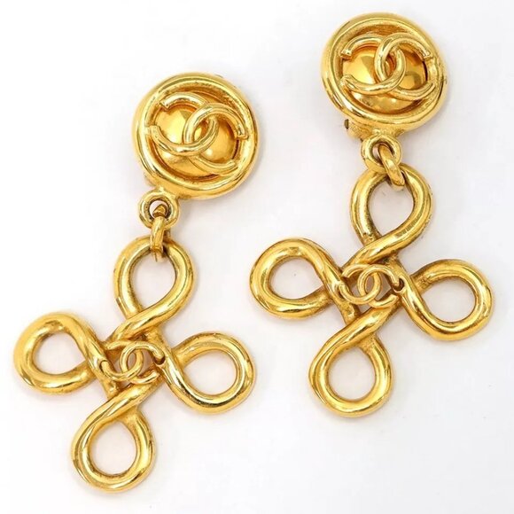 CHANEL CC Logos Cross Dangle Earrings Gold Tone - Picture 6 of 15